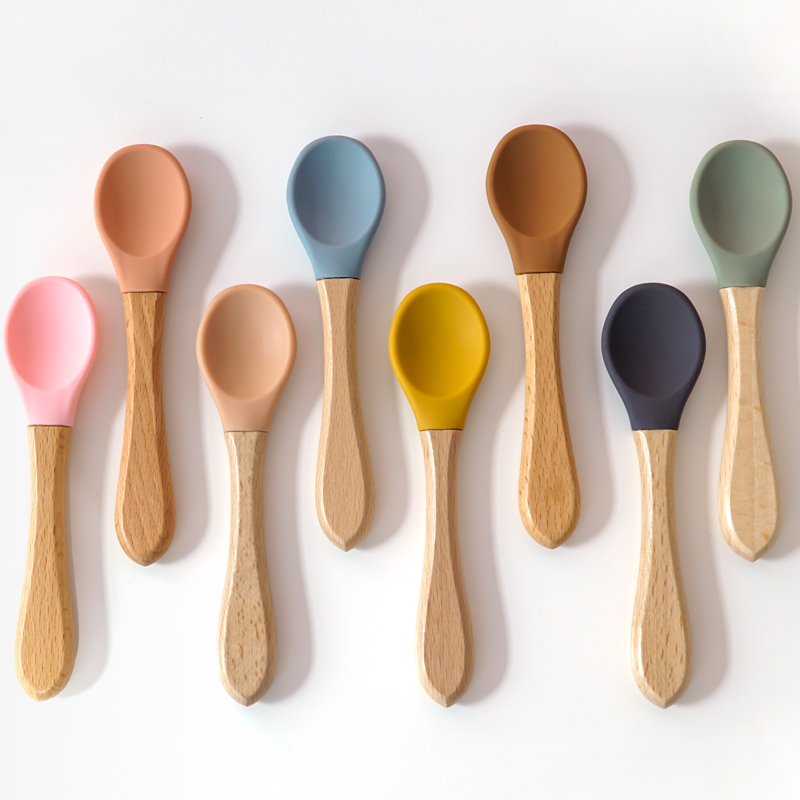 Baby Food Utensil - Drewniana rączka do karmienia Łyżka silikonowa